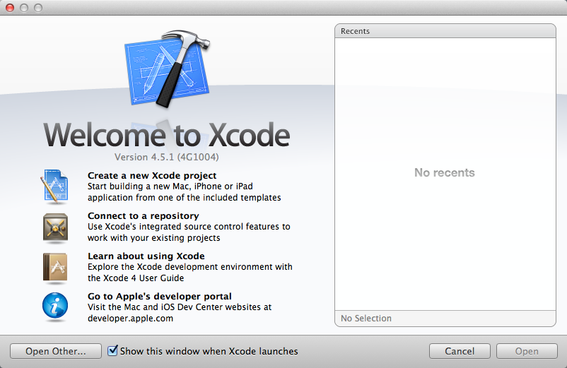 Xcode Welcome Screen