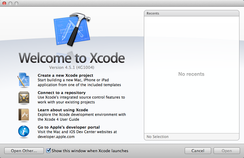 Welcome to Xcode Xcode Welcome Screen